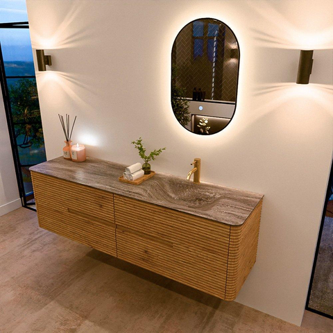 Mondiaz CIRO-DLUX Badkamermeubelset - 170x45x50cm - Solid surface wastafel Oza - 1 wasbak Rechts - 1 kraangat - 4 lades - Oak SW1531143