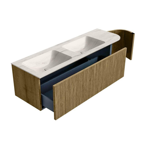 MONDIAZ KURVE-DLUX Meuble de salle de bains 145cm arrondi Droite couleur Dusk avec 1 tiroir et 1 porte. Lavabo LEAF Double / Gauche sans trou de robinet Meli. SW1431917