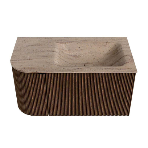 MONDIAZ KURVE-DLUX Meuble de salle de bains 85cm arrondi à gauche couleur Walnut avec 1 tiroir et 1 porte. Lavabo CLOUD à droite 1 trou de robinet Saba. SW1433147