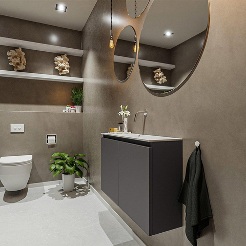 MONDIAZ TURE Toiletmeubel 80x23x50cm met 0 kraangaten 2 deuren dark grey mat Wastafel Eden midden Solid Surface Wit SW474930