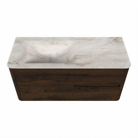Mondiaz CIRO-DLUX Meuble de salle de bains - 110x45x50cm - Vasque en solid surface Frappe - 1 bassin à gauche - sans trous de robinet - 2 tiroirs - Noyer SW1530318