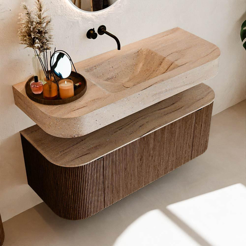 MONDIAZ THOR-DLUX 120cm badmeubel ronding links + rechts kleur Walnut met 1 lade en 2 deuren. Vrijhangende wastafel CLOUD Midden zonder kraangat kleur Saba. SW1463480