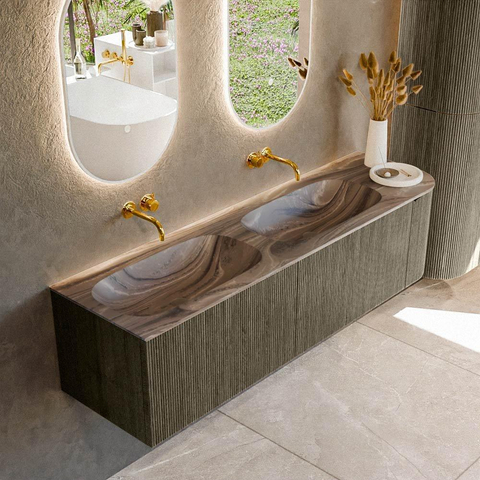 MONDIAZ KURVE-DLUX 165cm meuble de salle de bains arrondi Droite couleur Shadow avec 2 tiroirs et 1 porte. Lavabo STOR SMALL Double / Gauche sans trou de robinet Sombra. SW1433809