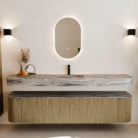 MONDIAZ THOR-DLUX Meuble de salle de bains - 200cm - arrondi gauche + droite - couleur Dusk - 2 tiroirs - 2 portes - Vasque suspendue CLOUD Milieu 1 trou de robinet couleur Sombra SW1467264