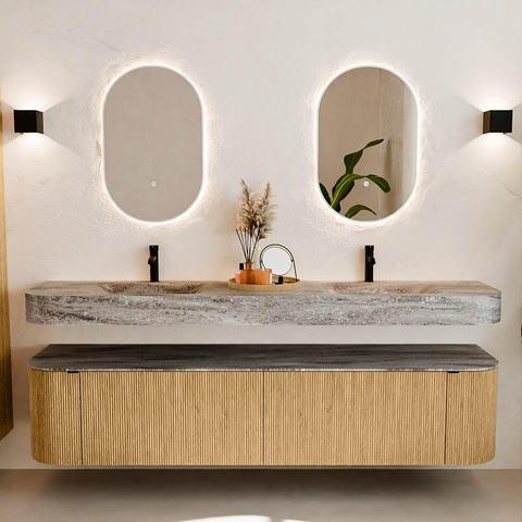 MONDIAZ THOR-DLUX 200cm meuble de salle de bains arrondi gauche + droite couleur Oak avec 2 tiroirs et 2 portes. Vasque suspendue CLOUD Double 2 trous de robinet couleur Oza. SW1467183