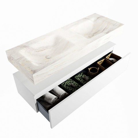 Mondiaz ALAN-DLUX Ensemble de meuble - 130cm - meuble Talc mat - 1 tiroir - Lavabo Cloud Ostra suspendu - vasque Gauche et droite - 2 trous de robinet SW807012