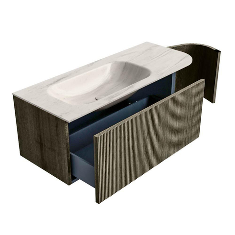 MONDIAZ KURVE-DLUX Meuble de salle de bains 115cm arrondi à droite couleur Shadow avec 1 tiroir et 1 porte. Lavabo BIG SMALL à gauche sans trou de robinet Meli. SW1431766