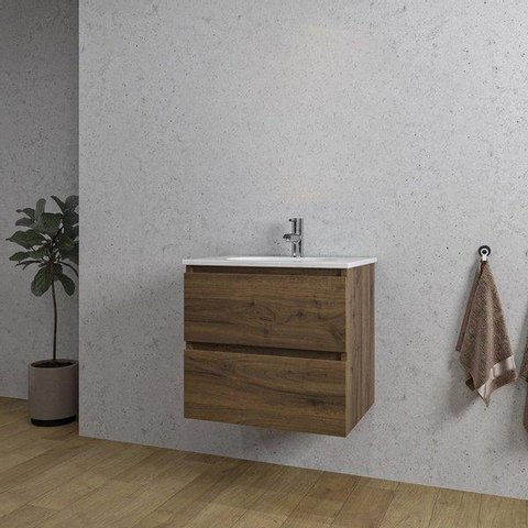 Saniclass Chaci Meuble de salle de bain - 60x45x55cm - lavabo en céramique brillant blanc - 1 vasque - 1 trou de robinet - 2 tiroirs - noyer SW721294