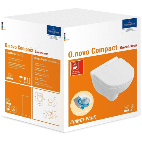 Villeroy & Boch O.novo combipack - met Compact wandcloset - diepspoel DirectFlush - 36x49cm - met zitting - met softclose en quick release - White Alpine (glans wit) SW68876