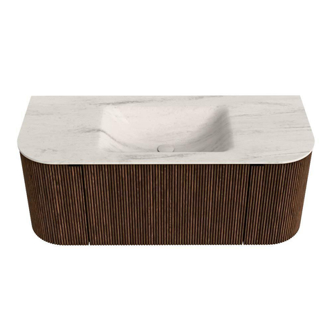 MONDIAZ KURVE-DLUX 110cm badmeubel ronding Links + Rechts kleur Walnut met 1 lade en 2 deuren. Wastafel CLOUD Midden zonder kraangat Meli. SW1431649