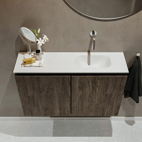 MONDIAZ TURE Toiletmeubel 80x23x50cm met 0 kraangaten 2 deuren dark brown mat Wastafel Eden rechts Solid Surface Wit SW475164