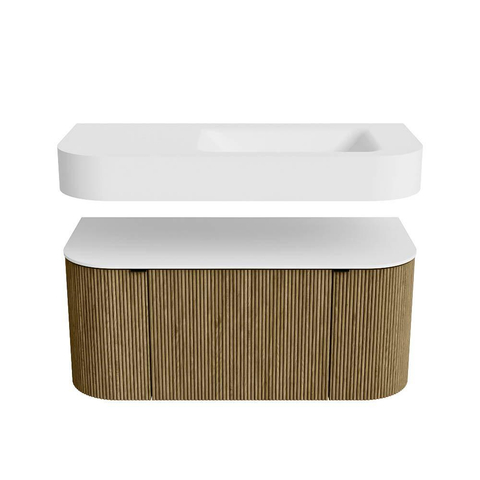 MONDIAZ THOR 100cm meuble de salle de bains arrondi gauche + droite couleur Dusk avec 1 tiroir et 2 portes. Vasque suspendue CLOUD droite 1 trou de robinet couleur Talc. SW1467384
