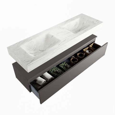Mondiaz ALAN-DLUX Ensemble de meuble - 150cm - meuble Dark grey mat - 1 tiroir - Lavabo Cloud Opalo suspendu - vasque Gauche et droite - 2 trous de robinet SW806507