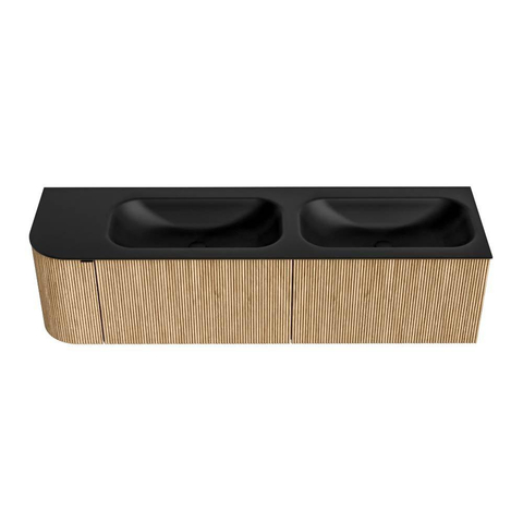 MONDIAZ KURVE 165cm meuble de salle de bains avec module 25 L couleur Oak avec 2 tiroirs et 1 porte. Lavabo BIG SMALL double / droite 2 trous de robinet Urban. SW1138418