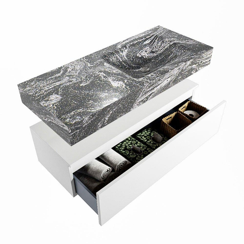 Mondiaz ALAN-DLUX Ensemble de meuble - 110cm - meuble Talc mat - 1 tiroir - Lavabo Cloud Lava suspendu - vasque Droite - 0 trous de robinet SW808041
