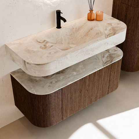 MONDIAZ THOR-DLUX 110cm badmeubel ronding links + rechts kleur Walnut met 1 lade en 2 deuren. Vrijhangende wastafel CLOUD Midden 1 kraangat kleur Frappe. SW1462773