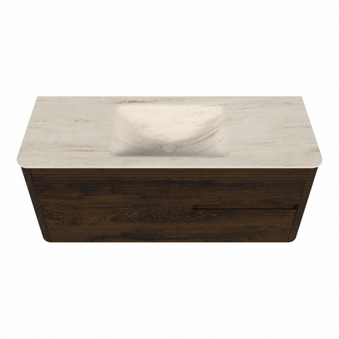 Mondiaz CIRO-DLUX Meuble de salle de bains - 120x45x50cm - plan-vasque en solid surface Meli - 1 bassin Central - sans trous de robinetterie - 2 tiroirs - Noyer SW1530485