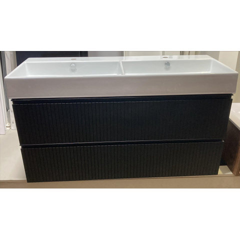 Saniclass Prime Blend Wastafelonderkast - 120x55x45.9cm - 2 lades - geintegreerde greep - MDF - mat zwart - incl. INK unlimited wastafel 2 wasbakken - 2 kraangaten - porselein wit - OUTLET UDEN STORE44926