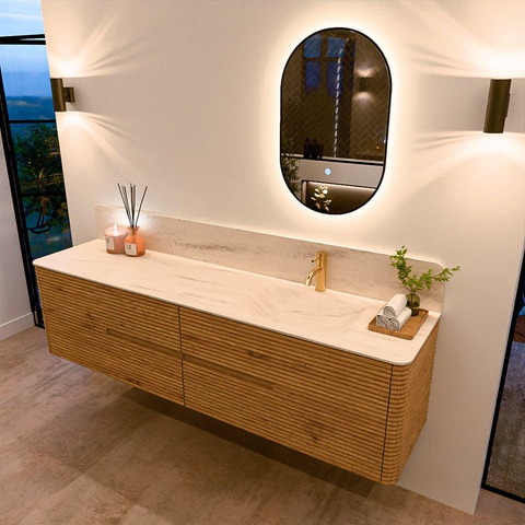 Mondiaz CIRO-DLUX Ensemble de meubles de salle de bains - 190x45x50cm - Plan-vasque Solid surface Meli - 1 bassin à droite - 1 trou de robinetterie - 4 tiroirs - Chêne SW1531425