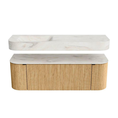 MONDIAZ THOR-DLUX 140cm badmeubel ronding links + rechts kleur Oak met 1 lade en 2 deuren. Vrijhangende wastafel CLOUD Links 1 kraangat kleur Ostra. SW1463979