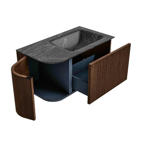 MONDIAZ KURVE-DLUX Meuble de salle de bains 85 cm avec module 25 L couleur Walnut avec 1 tiroir et 1 porte. Lavabo CLOUD à droite 1 trou de robinet couleur Lava. SW1137244