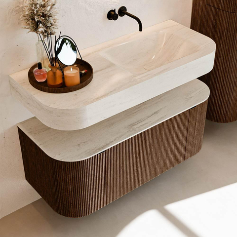 MONDIAZ THOR-DLUX Meuble de salle de bains - 110cm - arrondi gauche + droite - couleur Walnut - 1 tiroir - 2 portes - Vasque suspendue CLOUD droite sans trou de robinet - couleur Meli SW1462922