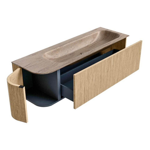 MONDIAZ KURVE-DLUX Meuble de salle de bains 145cm arrondi à gauche couleur Oak avec 1 tiroir et 1 porte. Lavabo BIG LARGE à droite 1 trou de robinet Saba. SW1433094