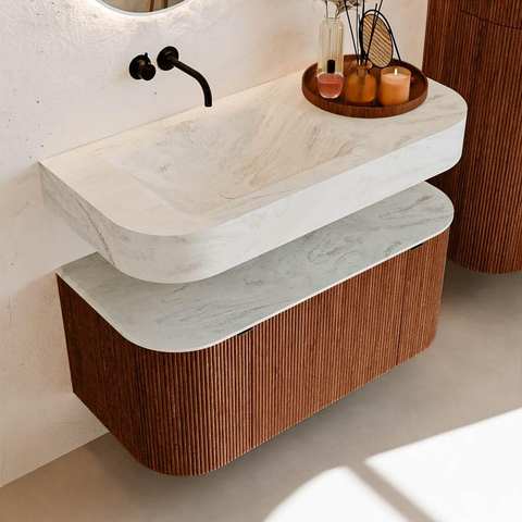 MONDIAZ THOR-DLUX 100cm meuble de salle de bains arrondi gauche + droite couleur Ruby avec 1 tiroir et 2 portes. Vasque suspendue CLOUD Gauche sans trou de robinet couleur Opalo. SW1467428