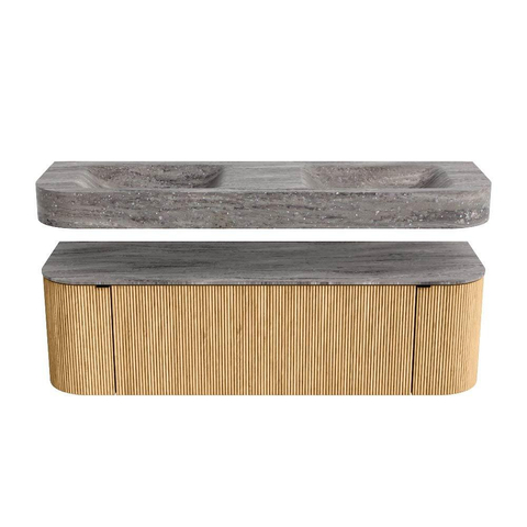 MONDIAZ THOR-DLUX 150cm badmeubel ronding links + rechts kleur Oak met 1 lade en 2 deuren. Vrijhangende wastafel CLOUD Dubbel zonder kraangat kleur Oza. SW1464886