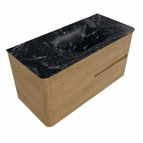Mondiaz CIRO-DLUX Meuble de salle de bains - 100x45x50cm - Plan-vasque solid surface Lava - 1 cuve au milieu - sans trous de robinetterie - 2 tiroirs - Chêne SW1531071