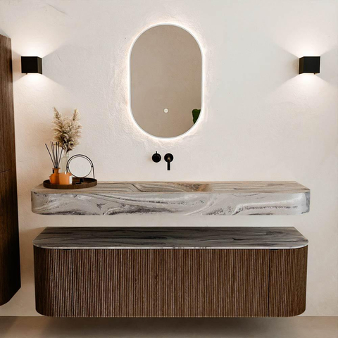 MONDIAZ THOR-DLUX 160cm meuble de salle de bains arrondi gauche + droite couleur Walnut avec 1 tiroir et 2 portes. Vasque suspendue CLOUD Milieu sans trou de robinet couleur Sombra. SW1465394
