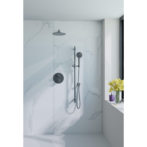 Fortifura Calvi Inbouw Regendoucheset - rond - thermostatisch - wandarm - glijstang - 25cm - hoofddouche - handdouche rond - gladde doucheslang - PVD - geborsteld gunmetal (antraciet) SW1189347