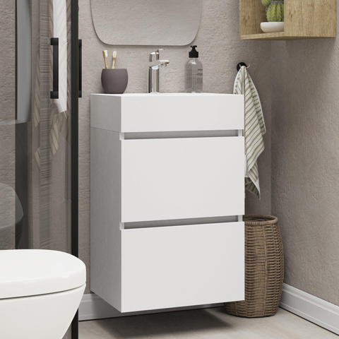 Xellanz Mini meuble bas avec 2 tiroirs 45 cm blanc brillant et lavabo céramique blanc brillant SW916915