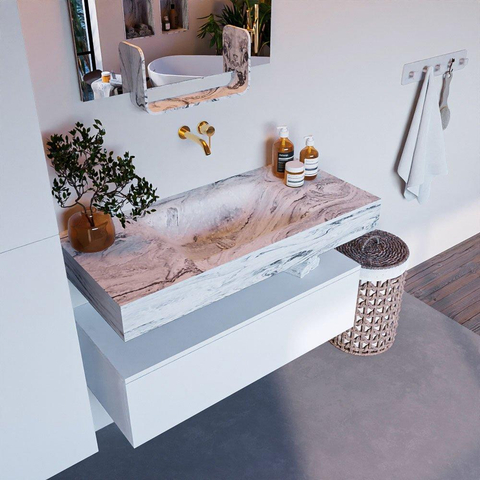 Mondiaz ALAN-DLUX Ensemble de meuble - 100cm - meuble Talc mat - 1 tiroir - Lavabo Cloud Glace suspendu - vasque Centre - 0 trous de robinet SW804956