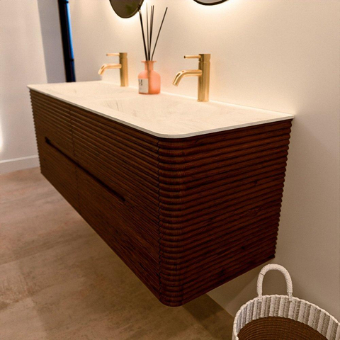 Mondiaz CIRO-DLUX Badkamermeubelset - 140x45x50cm - Solid surface wastafel Opalo - 2 wasbak Dubbel - 2 kraangaten - 4 lades - Ruby SW1531493