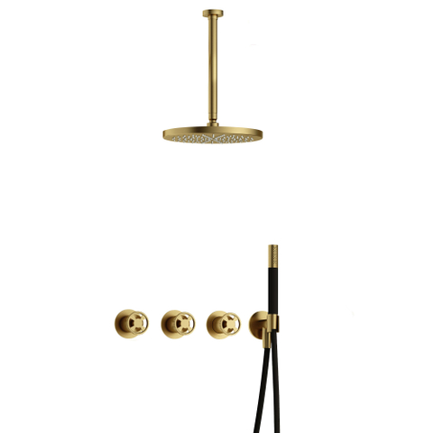 Hotbath Cobber @Work Regendoucheset - inbouw - 30cm plafondarm - 30cm ronde hoofddouche - staafhanddouche - Geborsteld messing PVD SW677734