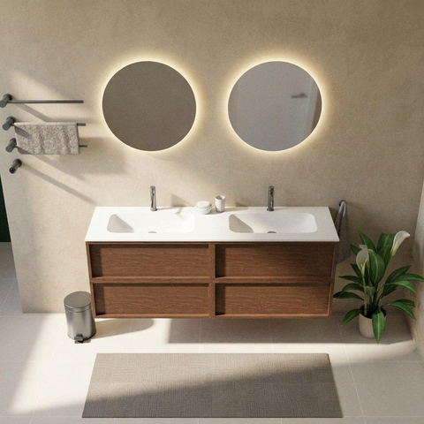Saniclass Holz Frame Badkamermeubelset - 160x45x61.5cm - Flow solid surface wastafel wit - 2 wasbakken - 2 kraangaten - 4 lades - mat walnut pure (hout) SW1579794
