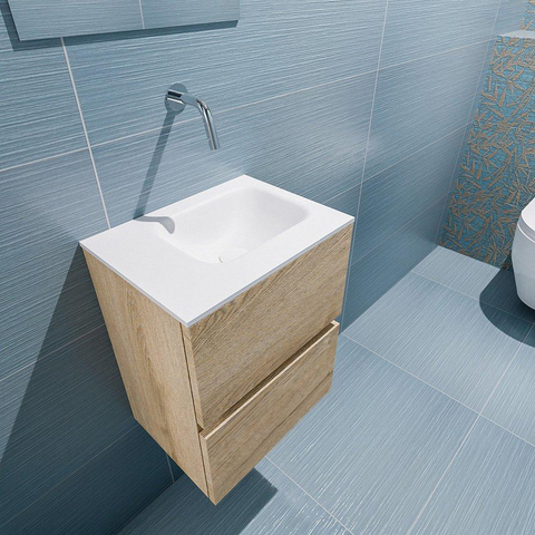 MONDIAZ ADA Toiletmeubel 40x30x50cm met 0 kraangaten 2 lades washed oak mat Wastafel Lex rechts Solid Surface Wit SW472758
