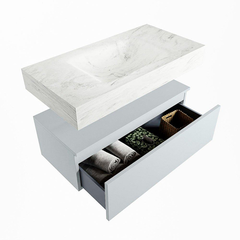 Mondiaz ALAN-DLUX Ensemble de meuble - 90cm - meuble Clay mat - 1 tiroir - Lavabo Cloud Opalo suspendu - vasque Centre - 0 trous de robinet SW806625