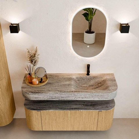 MONDIAZ THOR-DLUX 130cm meuble de salle de bains arrondi gauche + droite couleur Oak avec 1 tiroir et 2 portes. Vasque suspendue CLOUD Droite 1 trou de robinet couleur Oza. SW1464001