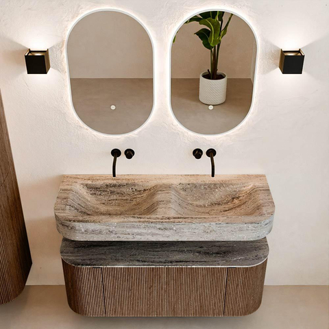 MONDIAZ THOR-DLUX 120cm badmeubel ronding links + rechts kleur Walnut met 1 lade en 2 deuren. Vrijhangende wastafel CLOUD Dubbel zonder kraangat kleur Oza. SW1463429