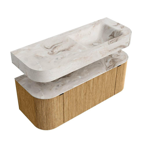 MONDIAZ THOR-DLUX 120cm badmeubel ronding links + rechts kleur Oak met 1 lade en 2 deuren. Vrijhangende wastafel CLOUD Rechts zonder kraangat kleur Frappe. SW1463058