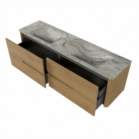 Mondiaz CIRO-DLUX Meuble de salle de bains - 170x45x50cm - Plan-vasque Solid surface Glace - 2 vasques Double - sans trous de robinet - 4 tiroirs - Chêne SW1533781