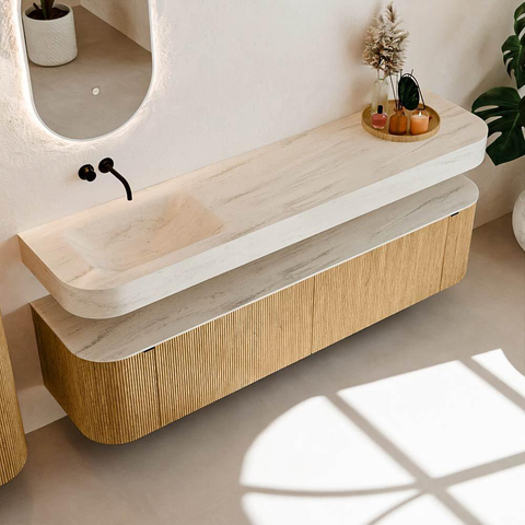 MONDIAZ THOR-DLUX 190cm meuble de salle de bains arrondi gauche + droite couleur Oak avec 2 tiroirs et 2 portes. Vasque suspendue CLOUD gauche sans trou de robinet couleur Meli. SW1466730