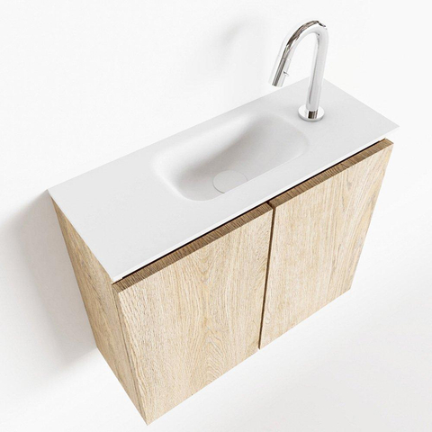 MONDIAZ TURE Kit lave-mains - 60x23x50cm - 1 trou de robinet - 2 portes - chêne blanchi mat - Lavabo centré - Solid Surface Blanc SW475125