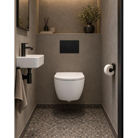 QeramiQ Dely Swirl Compact Toiletset - inbouwreservoir QeramiQ flush - slim zitting - metalen bedieningsplaat mat zwart - ronde knoppen - glans wit SW1590493