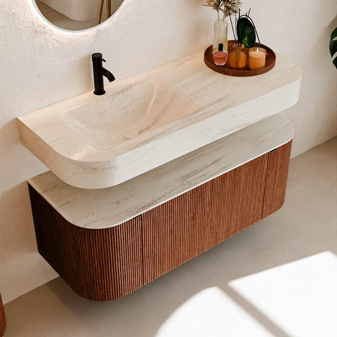 MONDIAZ THOR-DLUX Meuble de salle de bains - 120cm - arrondi gauche + droite - couleur Ruby - 1 tiroir - 2 portes - Vasque suspendue CLOUD Gauche 1 trou de robinet - couleur Meli SW1463323