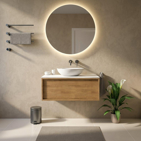 Saniclass Holz Frame Badkamermeubelset - 100x45x42.5cm - Torino solid surface topblad wit - zonder kraangat - 1 lade - mat eiken natural (hout) SW1478703