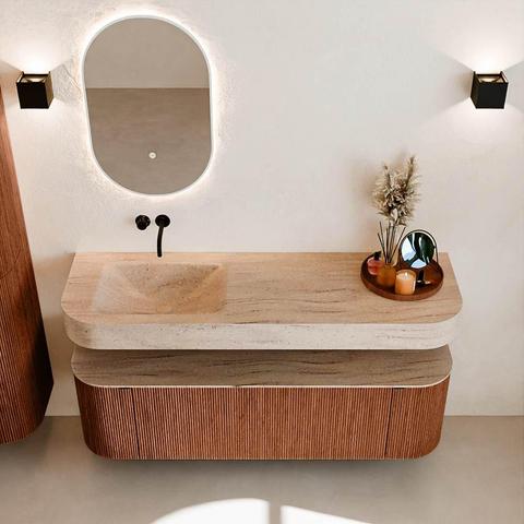 MONDIAZ THOR-DLUX 150cm meuble de salle de bains arrondi gauche + droite couleur Ruby avec 1 tiroir et 2 portes. Vasque suspendue CLOUD Gauche sans trou de robinet couleur Saba. SW1464871