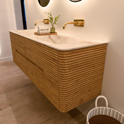 Mondiaz CIRO-DLUX Ensemble de meubles de salle de bains - 150x45x50cm - plan vasque solid surface Frappe - 2 vasques double - sans trous de robinetterie - 4 tiroirs - Chêne SW1530893